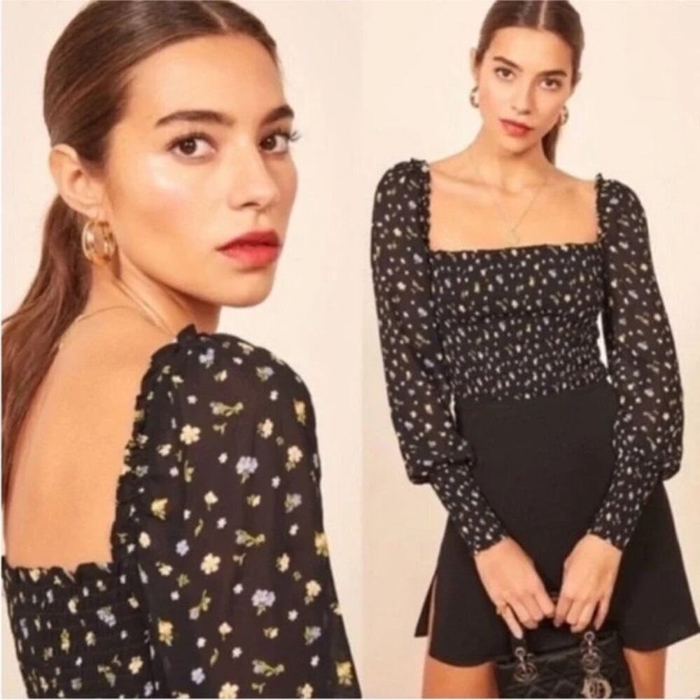 Reformation Womens Black Pinto Top Posie Floral Print Smocked Square Neck Blouse